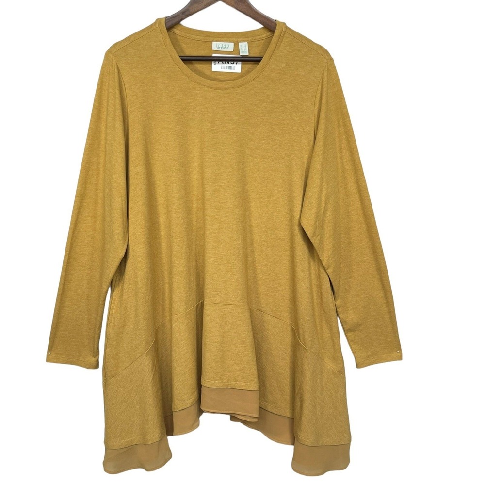 LOGO Lounge Tunic Women 1X Mustard Yellow Sharkbite Hem Layered Pocket Excellent